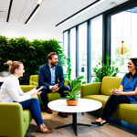 A diverse group of professionals, fully clothed in modest business casual attire, interact in a vibrant, naturally lit office community hub. They are engaged in informal conversations and light collaborative activities around a modern coffee station and comfortable lounge seating, with lush green plants in the background. The atmosphere is inviting and conducive to spontaneous connection. perfect anatomy, correct proportions, natural pose, well-formed hands, proper finger count, natural body proportions, professional photography, high quality, safe for work, appropriate content, fully clothed, family-friendly.