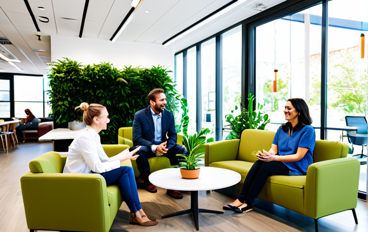 A diverse group of professionals, fully clothed in modest business casual attire, interact in a vibrant, naturally lit office community hub. They are engaged in informal conversations and light collaborative activities around a modern coffee station and comfortable lounge seating, with lush green plants in the background. The atmosphere is inviting and conducive to spontaneous connection. perfect anatomy, correct proportions, natural pose, well-formed hands, proper finger count, natural body proportions, professional photography, high quality, safe for work, appropriate content, fully clothed, family-friendly.