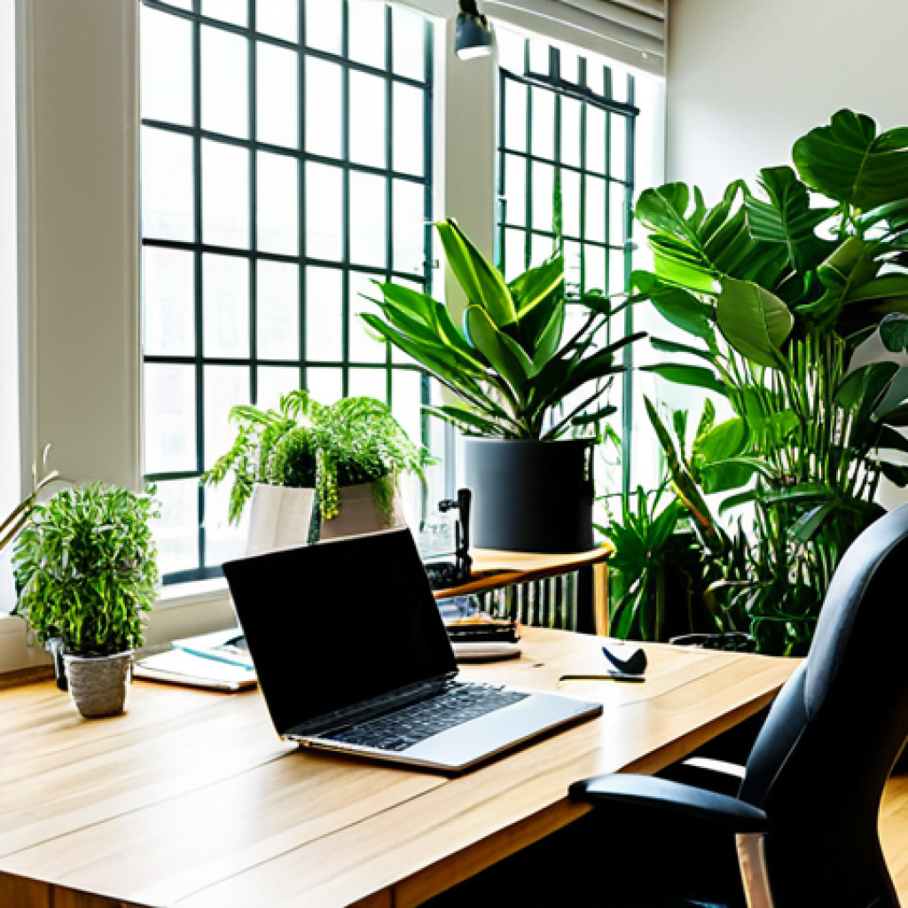 Plant-Filled Modern Office**
"A bright, modern office space filled with lush indoor plants, including snake plants and succulents, sunlight streaming through a large window, wooden desk with bamboo organizers, fully clothed professional working at a computer, safe for work, appropriate content, perfect anatomy, natural proportions, professional, well-lit, family-friendly."
**