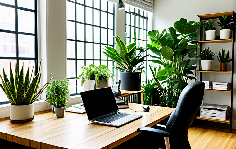 Plant-Filled Modern Office**
"A bright, modern office space filled with lush indoor plants, including snake plants and succulents, sunlight streaming through a large window, wooden desk with bamboo organizers, fully clothed professional working at a computer, safe for work, appropriate content, perfect anatomy, natural proportions, professional, well-lit, family-friendly."
**