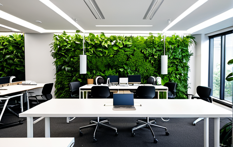 웰니스 사무실을 위한 구체적 설계 과정 - A modern, sun-drenched office interior with large windows overlooking a green park. Desks are positi...
