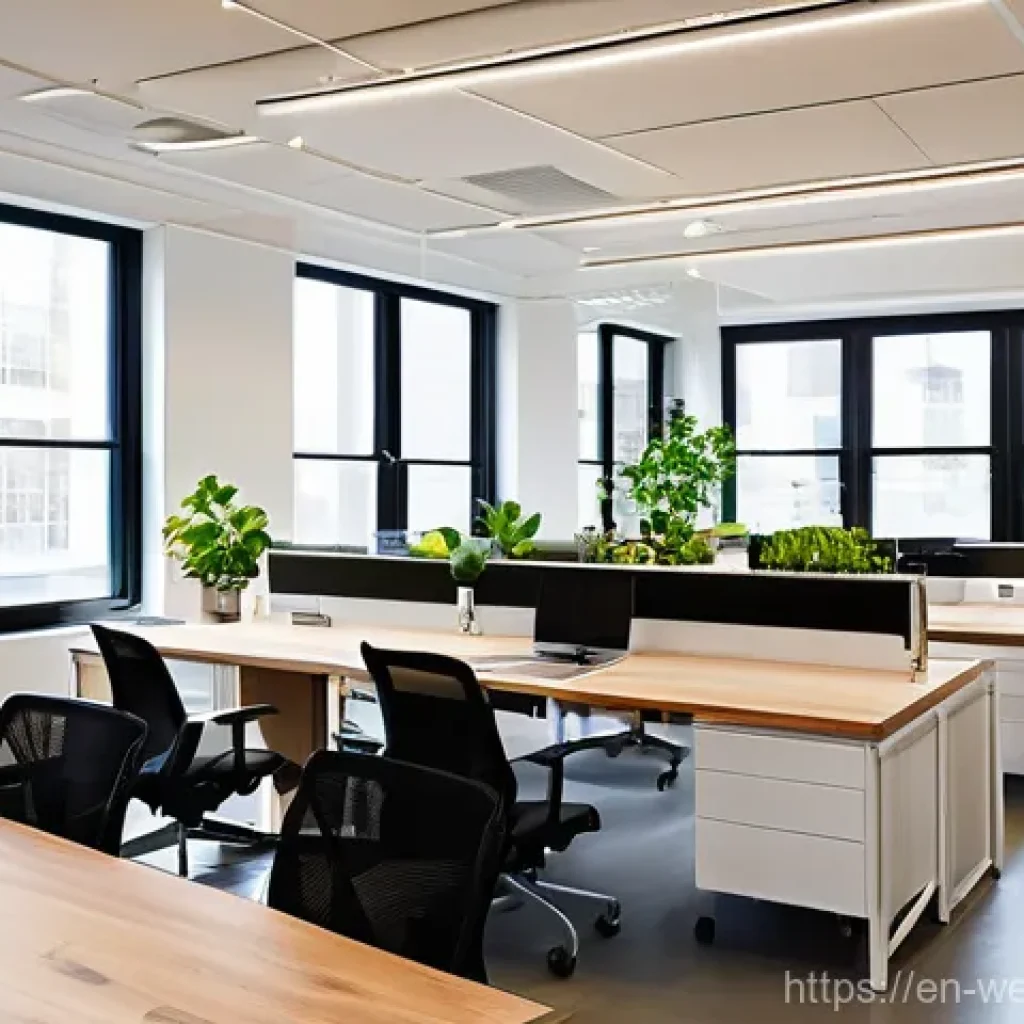 사무실 내 그린 스페이스의 효과 - **Prompt:** A serene and vibrant modern open-plan office bathed in abundant natural light, where div...