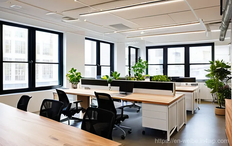 사무실 내 그린 스페이스의 효과 - **Prompt:** A serene and vibrant modern open-plan office bathed in abundant natural light, where div...