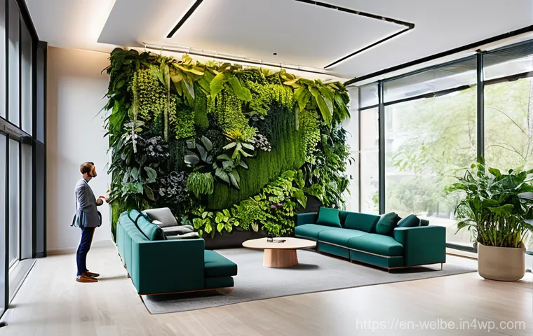 사무실 내 그린 스페이스의 효과 - **Prompt:** A serene and vibrant modern open-plan office bathed in abundant natural light, where div...