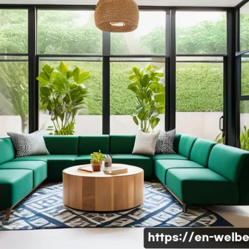 Home 32 직원 동기 부여를 위한 웰니스 환경 - A modern office break area bathed in natural sunlight, featuring cozy lounge chairs with soft cushio...