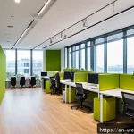 Home 19 사무실 내 친환경 설계의 중요성 - A modern eco-friendly office interior bathed in abundant natural daylight streaming through large fl...