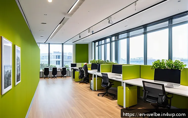 사무실 내 친환경 설계의 중요성 - A modern eco-friendly office interior bathed in abundant natural daylight streaming through large fl...
