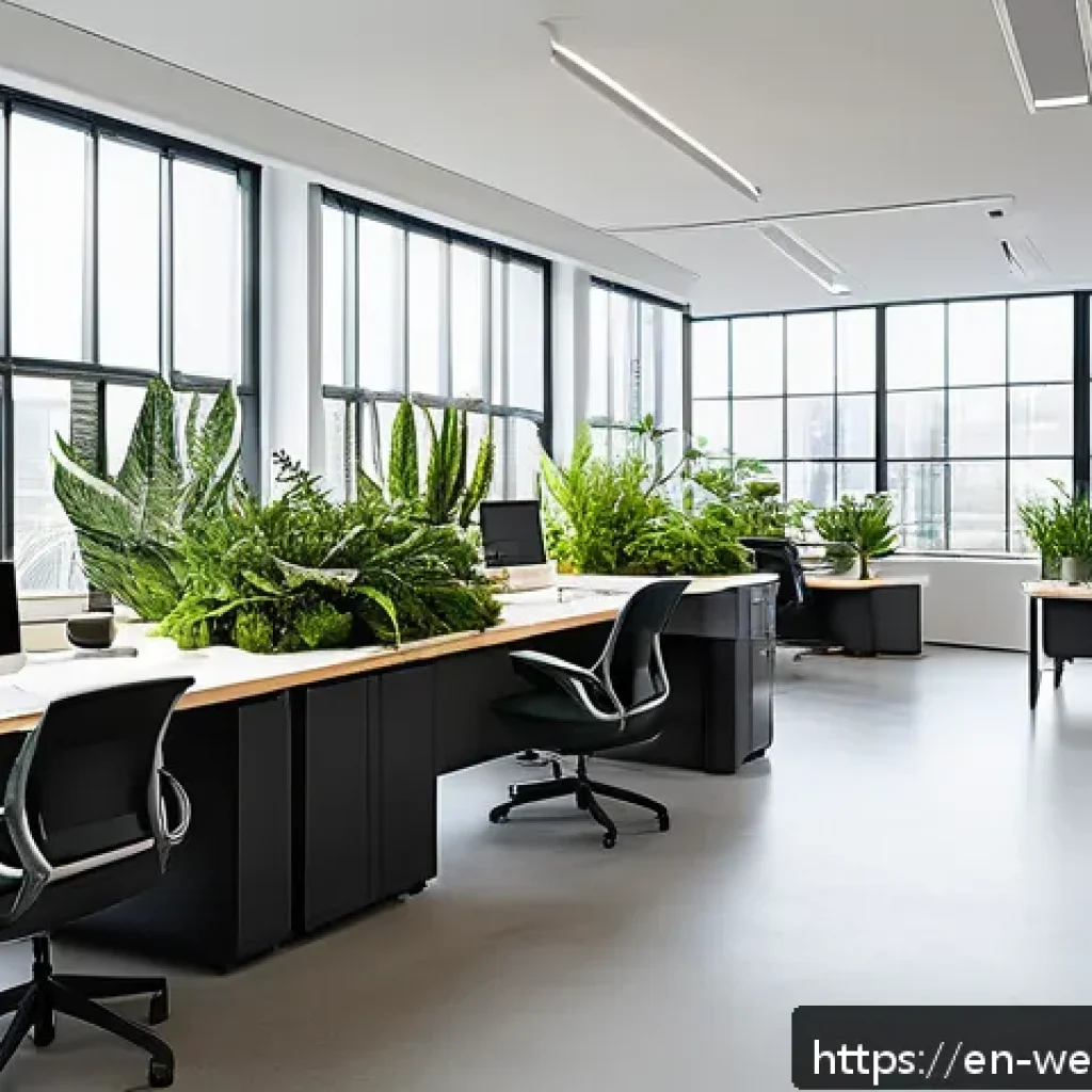 웰니스 사무실 구성에 영향을 미치는 요소 - A modern office workspace bathed in natural sunlight through large floor-to-ceiling windows, featuri...