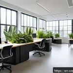 Home 18 웰니스 사무실 구성에 영향을 미치는 요소 - A modern office workspace bathed in natural sunlight through large floor-to-ceiling windows, featuri...