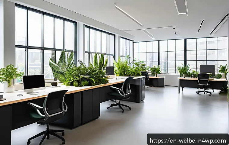 웰니스 사무실 구성에 영향을 미치는 요소 - A modern office workspace bathed in natural sunlight through large floor-to-ceiling windows, featuri...
