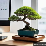 Home 23 사무실 내 스트레스 해소를 위한 도구 - A serene home office desk setup featuring a small bonsai tree and a sleek essential oil diffuser emi...