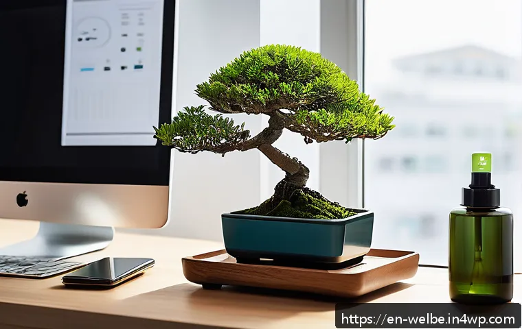 사무실 내 스트레스 해소를 위한 도구 - A serene home office desk setup featuring a small bonsai tree and a sleek essential oil diffuser emi...