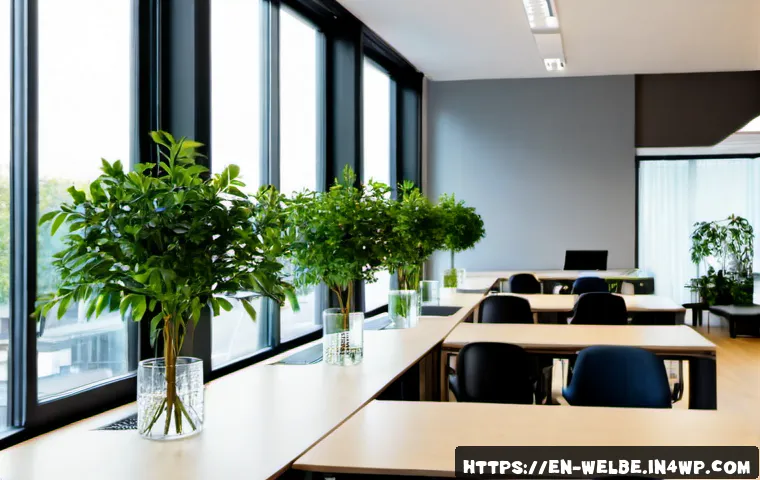 Home 17 웰니스 사무실 구성 요소 소개 - Photorealistic modern wellness office reception and shared workspace, abundant natural daylight thro...