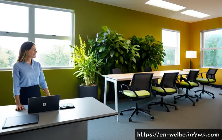 사무실 웰니스 관련 최신 연구 결과 - Photorealistic modern North American office wellness scene, diverse professionals in a bright biophi...