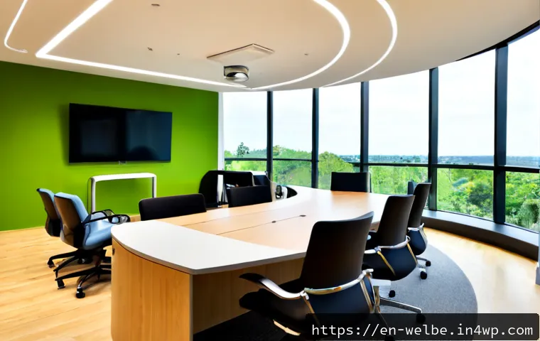 사무실에서의 혁신적인 디자인 요소 - Photorealistic modern office interior showcasing innovative design, a curved shared workstation with...